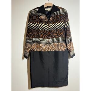 VTG Anne Crimmins UMI 100% Silk Black/Brown Animal Print Long Sleeved Dress 12